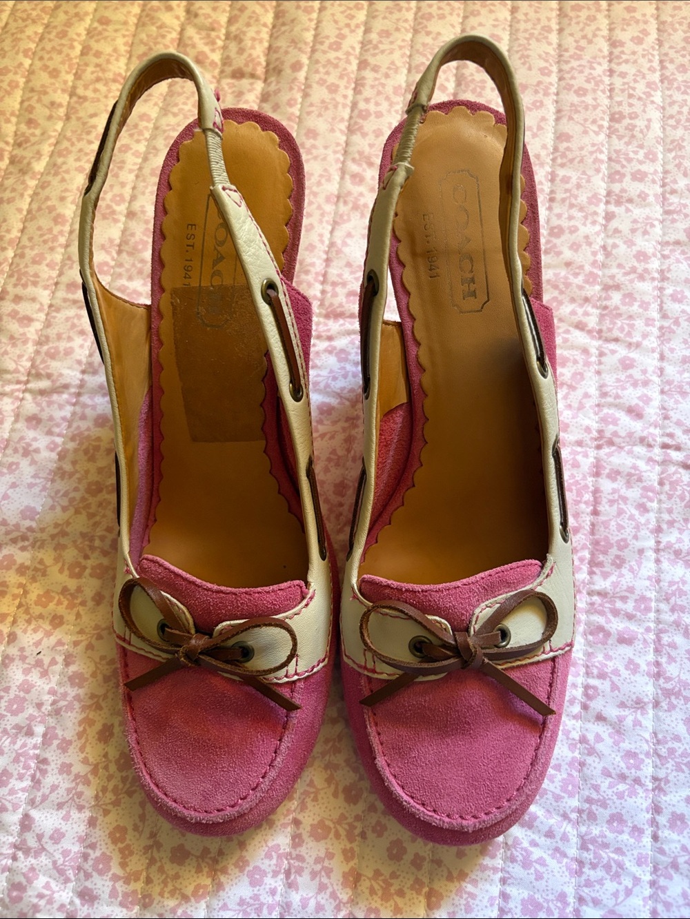Coach Pink and Cream Suede Wedge Slingbacks with Bow Accent
